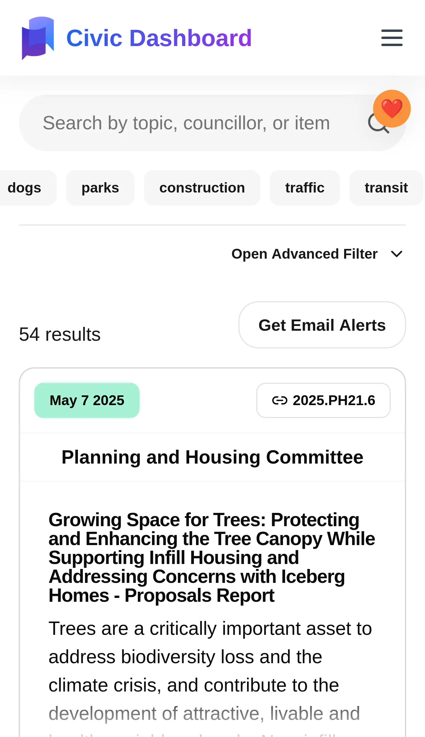 Civic Dashboard's Actions screen