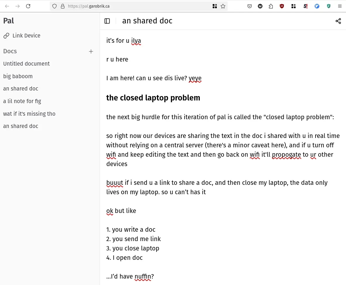 A screenshot of pal. There is a text conversation in the main part of the app, a list of documents with titles on the left, and a "Link Device" and "Share" button"