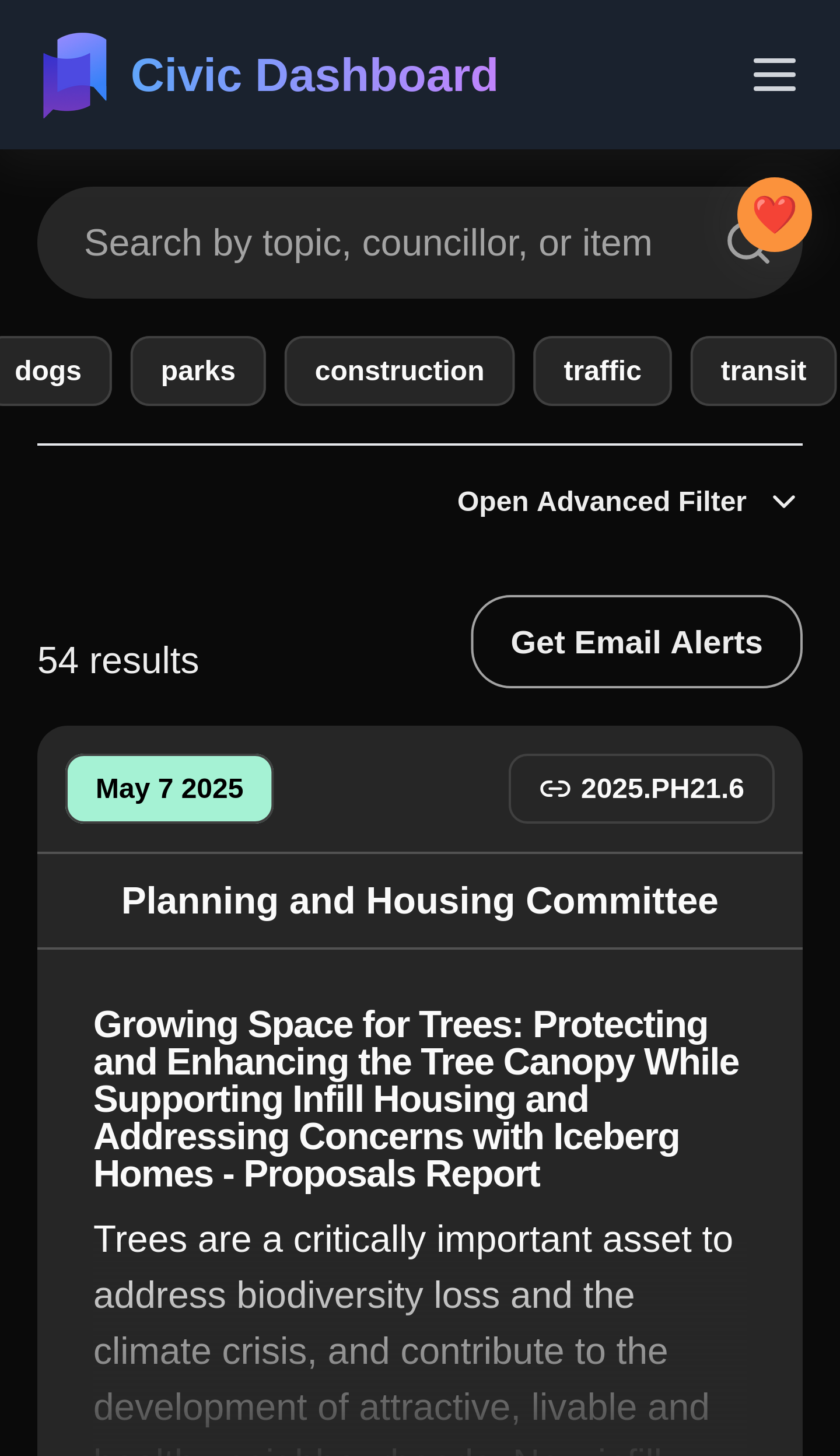 Civic Dashboard's Actions screen