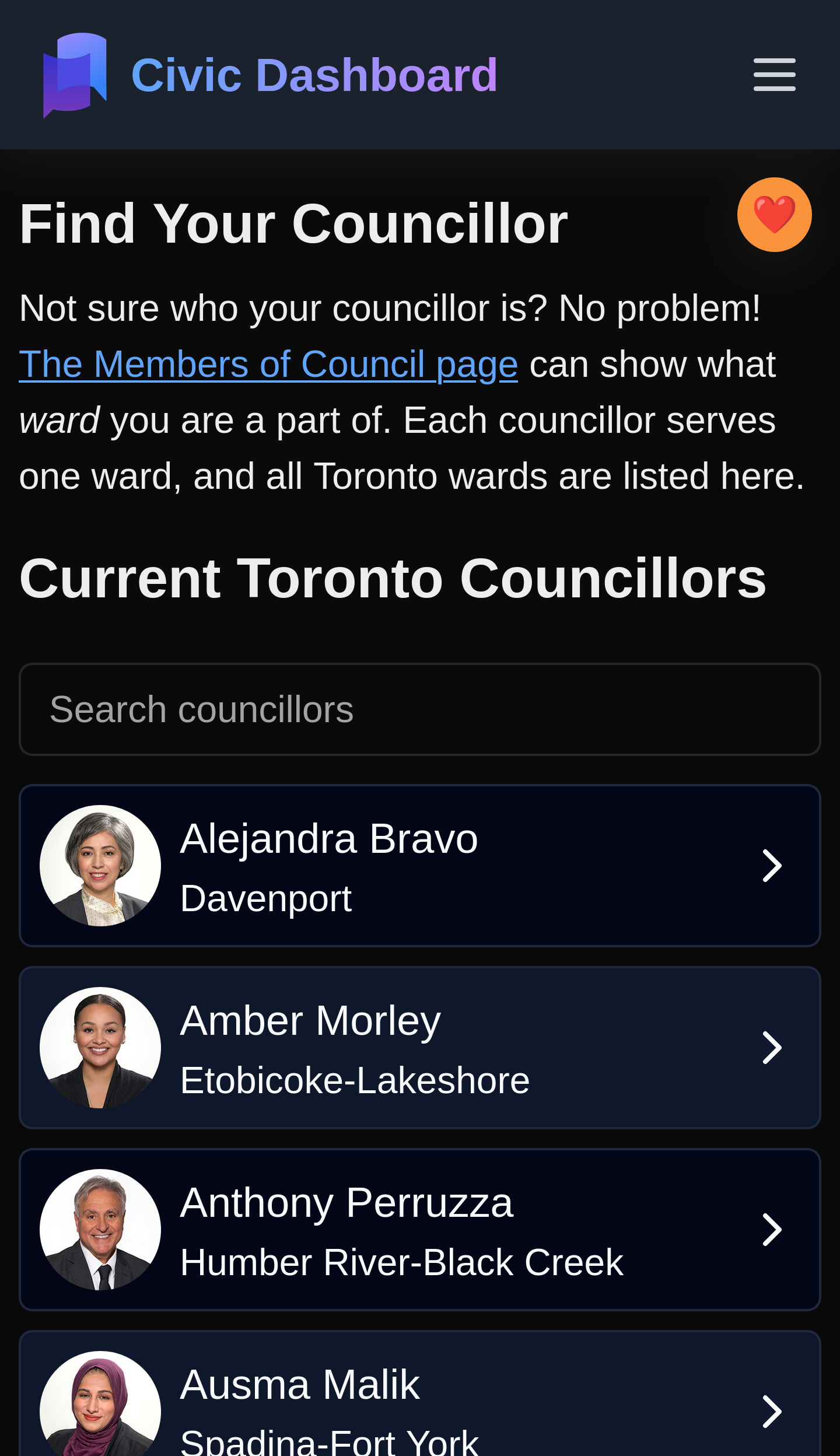 Civic Dashboard's Councillors screen