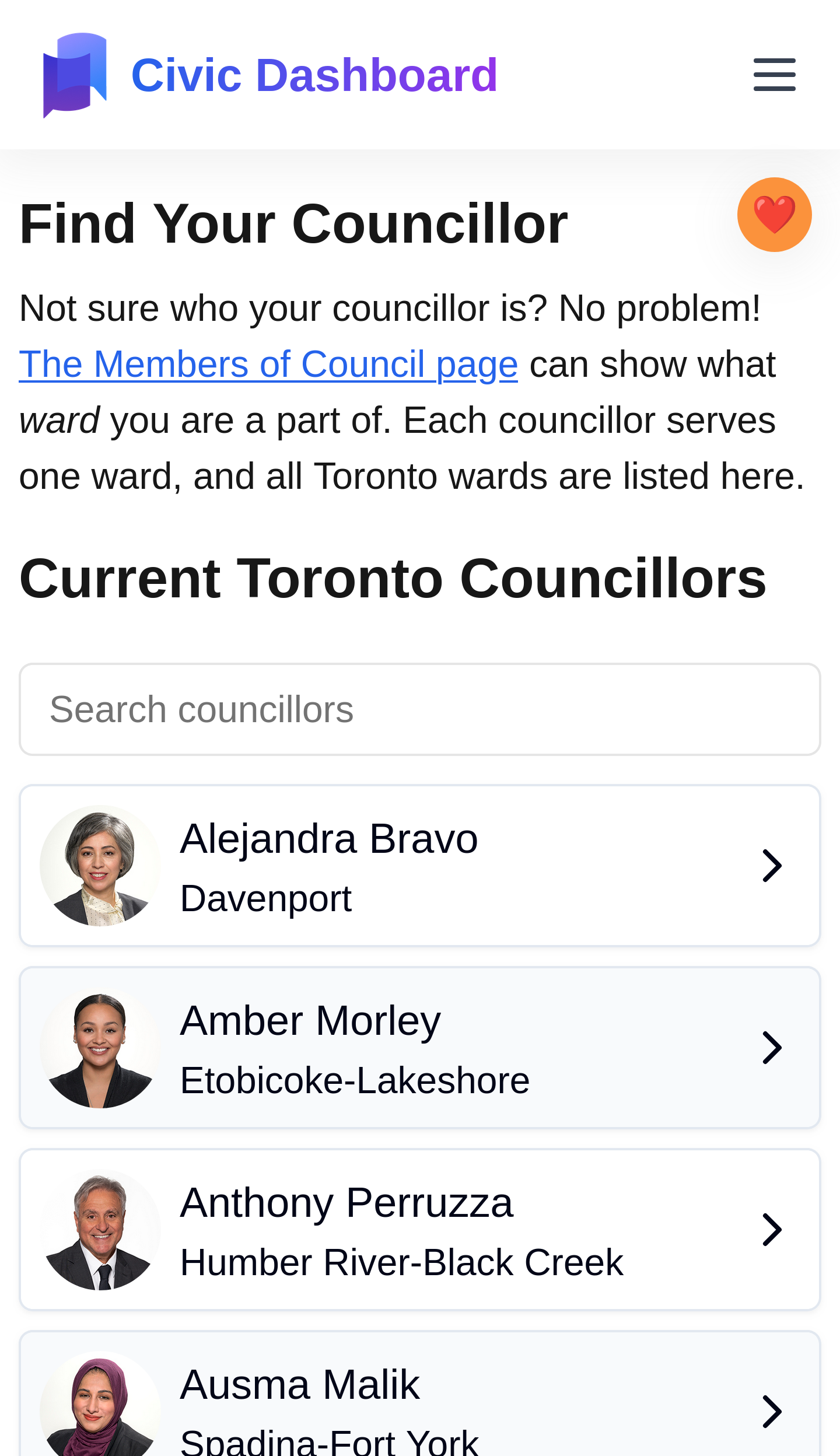 Civic Dashboard's Councillors screen